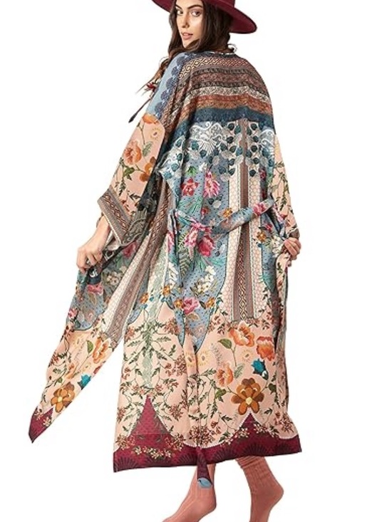 L-Peach Other - Floral Patchwork Long Kimono Duster - Pink Multi